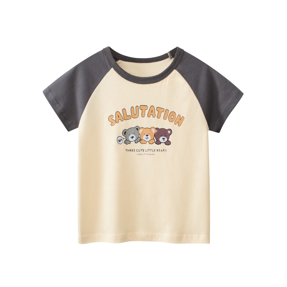 Boys Animal And Letters Print Color Patchwork T-Shirt In European And American Style