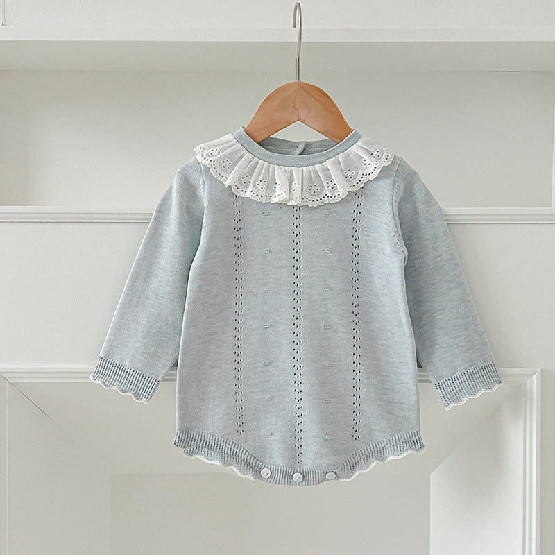 Autumn Design Baby Girls Long Sleeves Hollow-out Striped Pattern with Cute Collar Onesies