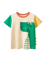 Boys's Cartoon Dinosaur Print Color Patchwork Short Sleeves T-Shirt In European And American Style
