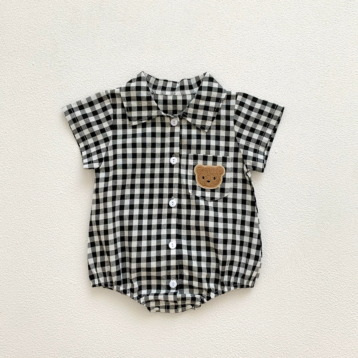 Summer Arrival Baby Boys Plaid and Teddy Bear Pattern Short Sleeves Onesies with Turn-down Collar