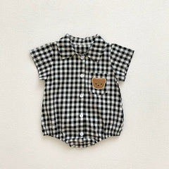 Summer Arrival Baby Boys Plaid and Teddy Bear Pattern Short Sleeves Onesies with Turn-down Collar
