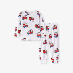 Fire Truck Kids Sleepwear Set – Long Sleeve Shirt and Pants, Cartoon Firefighter Design