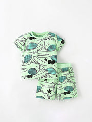 Summer Baby Kids Unisex Alligator Animals Cartoon Pattern Short Sleeves T-Shirt And Shorts Casual Clothing Set