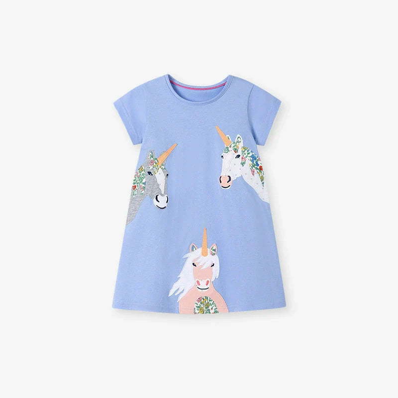 Summer Arrival Unicorn Cartoon Pattern Short Sleeves Dress for Stylish Girls