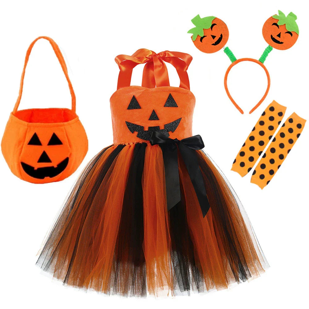Arrival Girls’ Halloween Pumpkin Pattern Dress – Princess Cosplay Costume Set Party, and Stage Performance