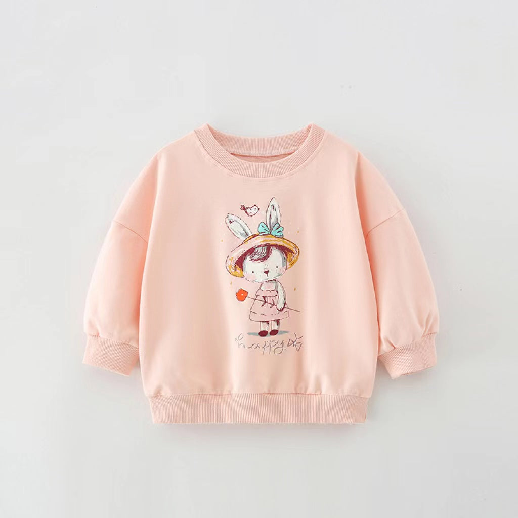 Baby Girl Cartoon Print Pattern Loose Pullover Round Neck Hoodies