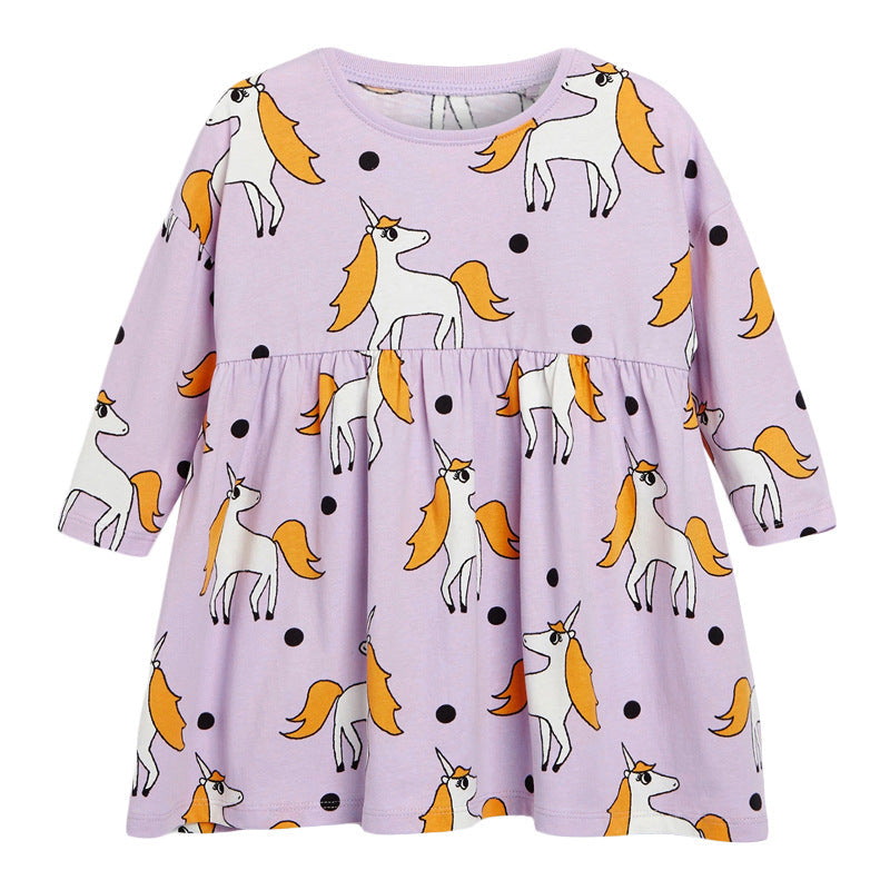 Baby Girl Unicorn Pattern Long Sleeves Style Dress In Autumn Wearing Outfits