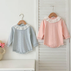 Autumn Design Baby Girls Long Sleeves Hollow-out Striped Pattern with Cute Collar Onesies