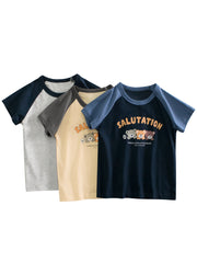 Boys Animal And Letters Print Color Patchwork T-Shirt In European And American Style