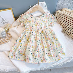 Baby Girl Floral Print O-Neck Puff-Sleeved Short Dress