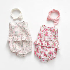 Baby Girl Floral Print Graphic Ruffle Design Sleeveless Onesies & Headband