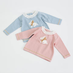 Baby Girl Bunny Print Pattern Ruffle Neck Long Sleeved Knitted Sweater