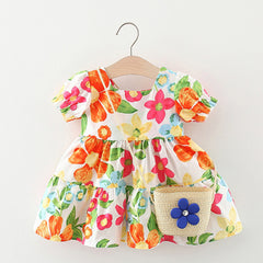 Baby Floral Pattern Short Sleeve Crewneck Dress with Purse