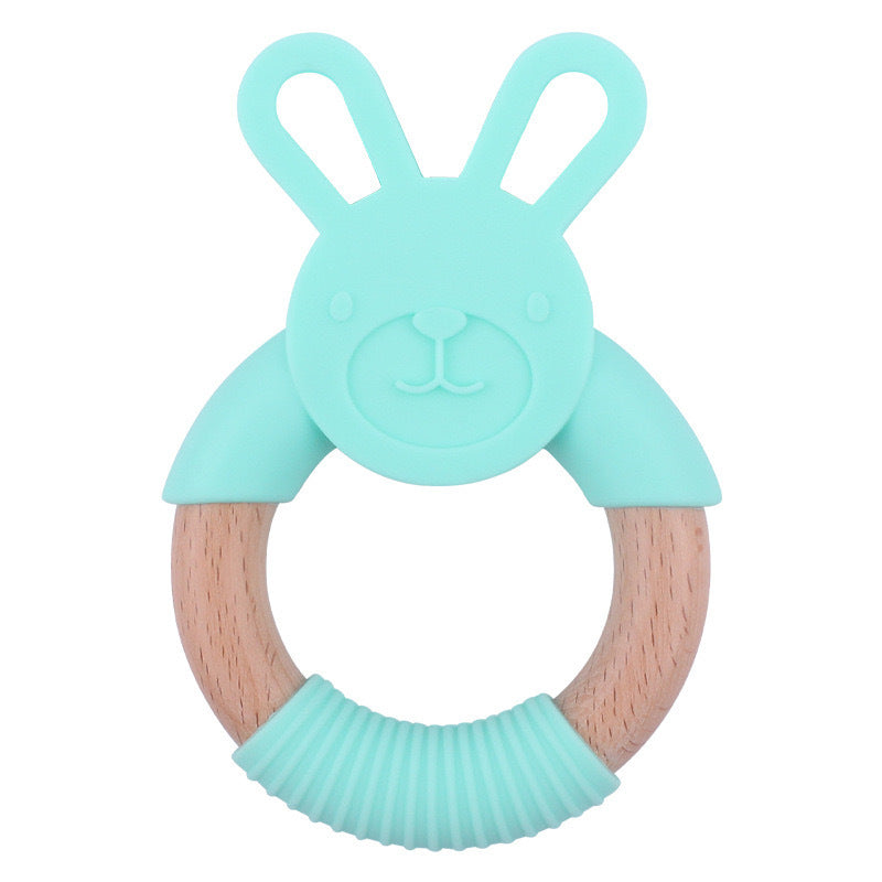 Baby Food-Grade Teething Rattle, Teething Aid for Babies, Wooden and Silicone Rabbit Teething Bracelet